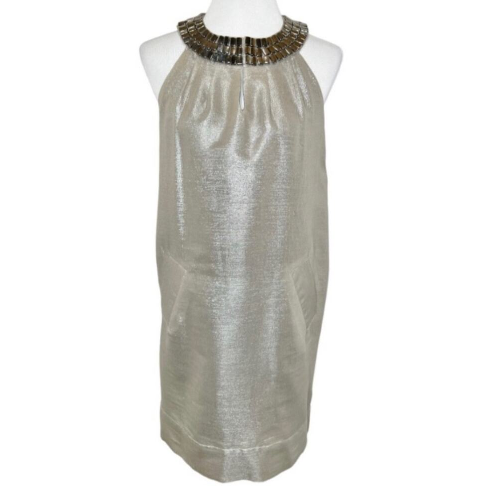 Walter Silver Silk, Metal, Cotton Jeweled Neckline A Line Dress M